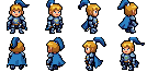 Eight 32x32 pixel art sprites of a chibi knight with blond hair and a blue plume, generated by PixelLab on our Oct 22 free trial.