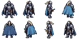 Eight 64x64 pixel art sprites of a silver-armored knight with a long blue cape, generated by PixelLab on our Oct 22 free trial, in eight directions.